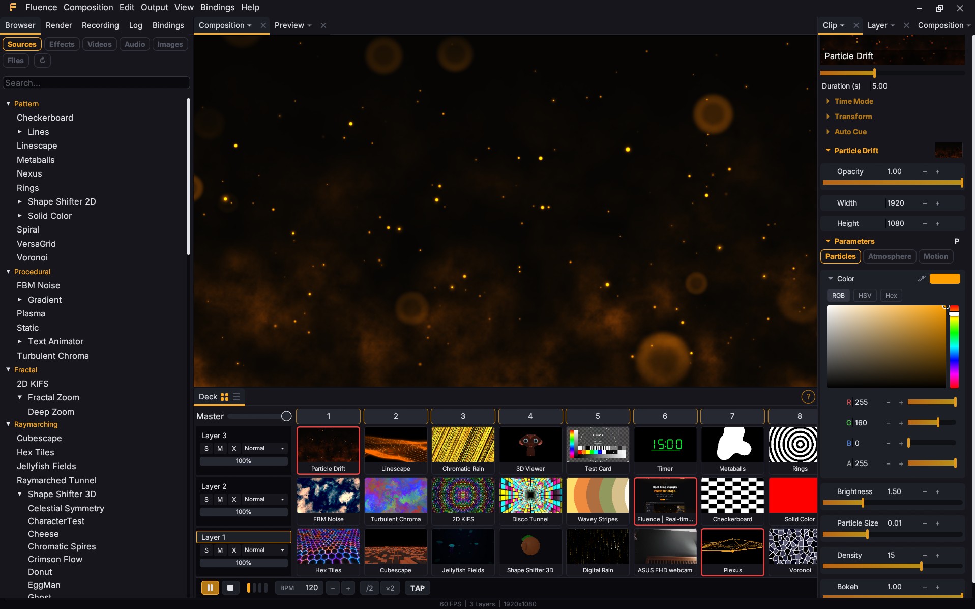 Fluence performing a Particle Drift composition with the layer deck, source browser, and parameters panel visible.