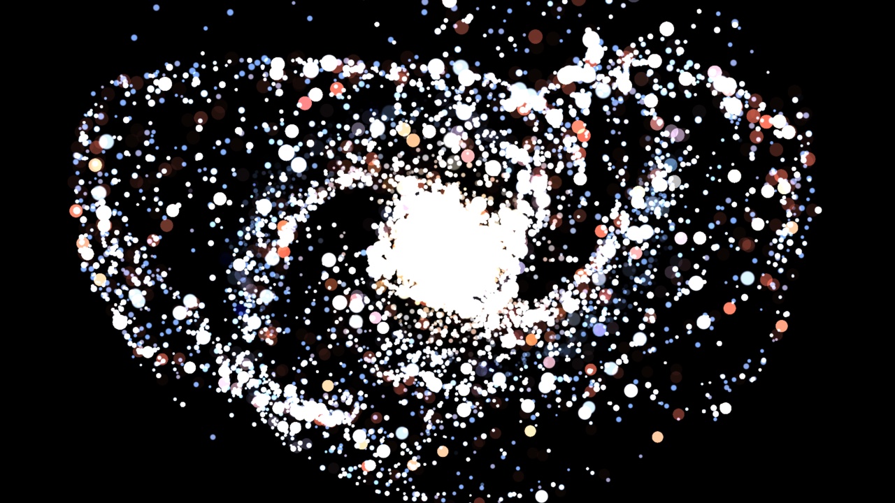 A spiral galaxy simulated live by a Fluence compute shader.