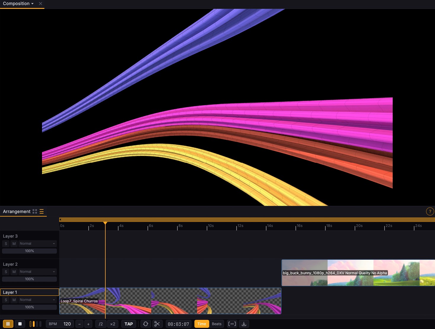 The Fluence Arrangement view, showing the same composition as a track-based timeline with clips placed across time.