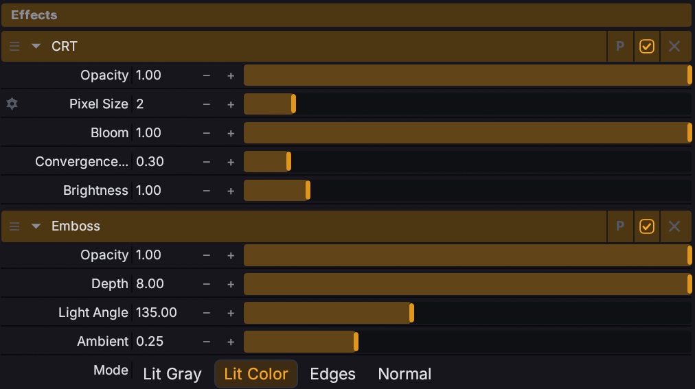 The Fluence effects panel showing a chain of effects stacked on a clip, each with its own parameters, with reorder handles and per-effect enable toggles.