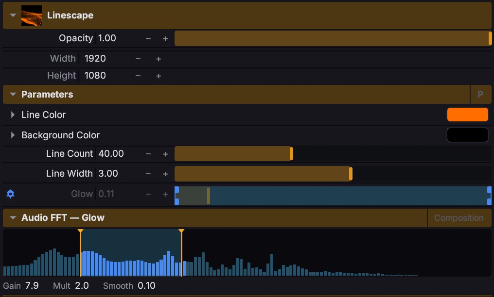 The Fluence FFT panel showing a frequency spectrum with a band selector, gain, smoothing, and an envelope curve mapped to a parameter.
